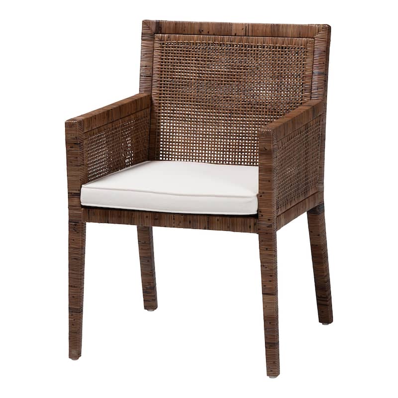 Karis Rattan Dining Chair - Handwoven Wicker Armchair with Mahogany Wood, Coastal Boho Style Indoor Seating