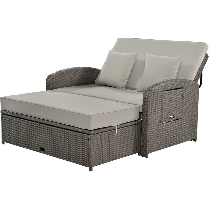 Outdoor Double Reclining Chaise Lounge with Cushions and Waterproof Cover, Adjustable Backrest and Hidden Footrest Storage