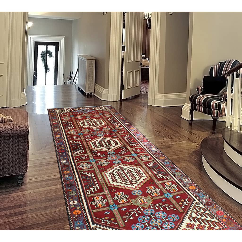 Fine Vintage Distressed Jamshed Burgundy/Ivory Runner - 3'6" x 9'9"