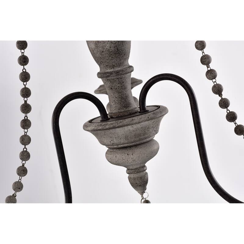 3-Light Slate Wood and Black Chandelier with Wooden Beads Hanging