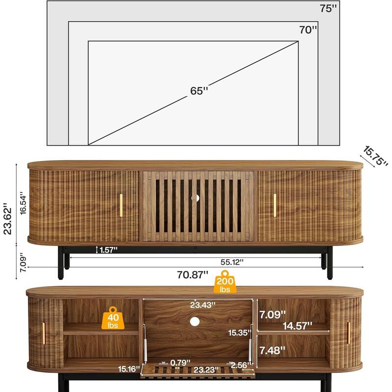 70" TV Console, Mid-Century Modern Media Entertainment Center for TVs up to 80" - 70" W x 15.75" D x 23.62" H