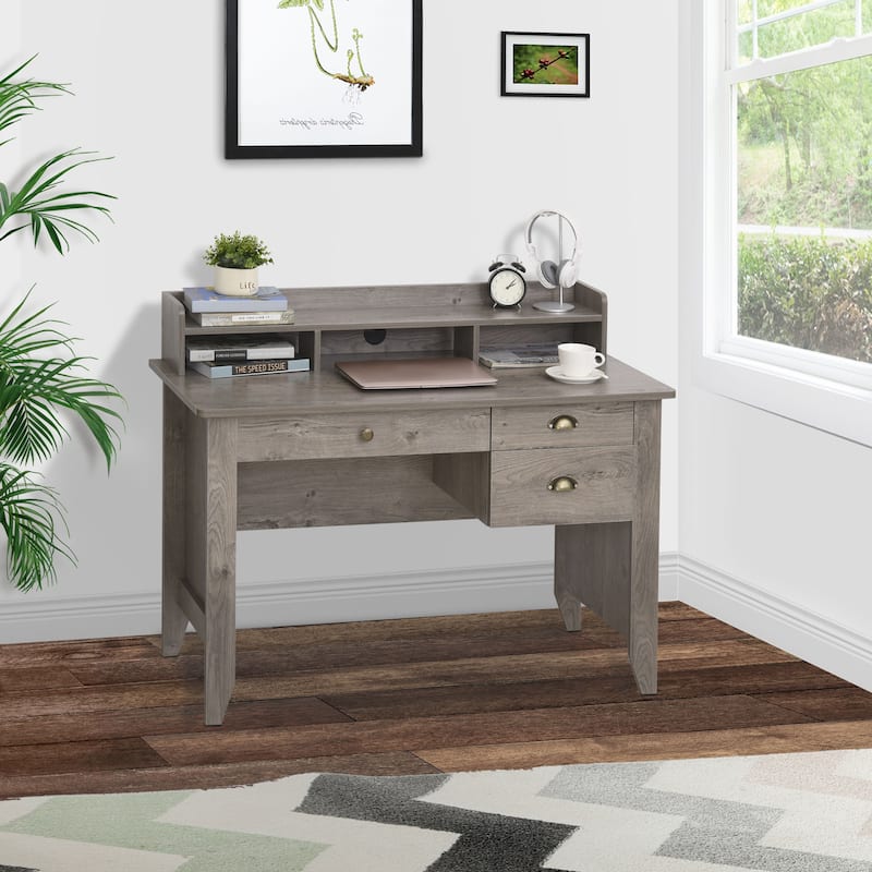 HOMCOM Computer Table Writing Desk with Hutch 3 Drawers, Open Cabinets, Top Shelf, Wide Tabletop, Cable Management, Grey