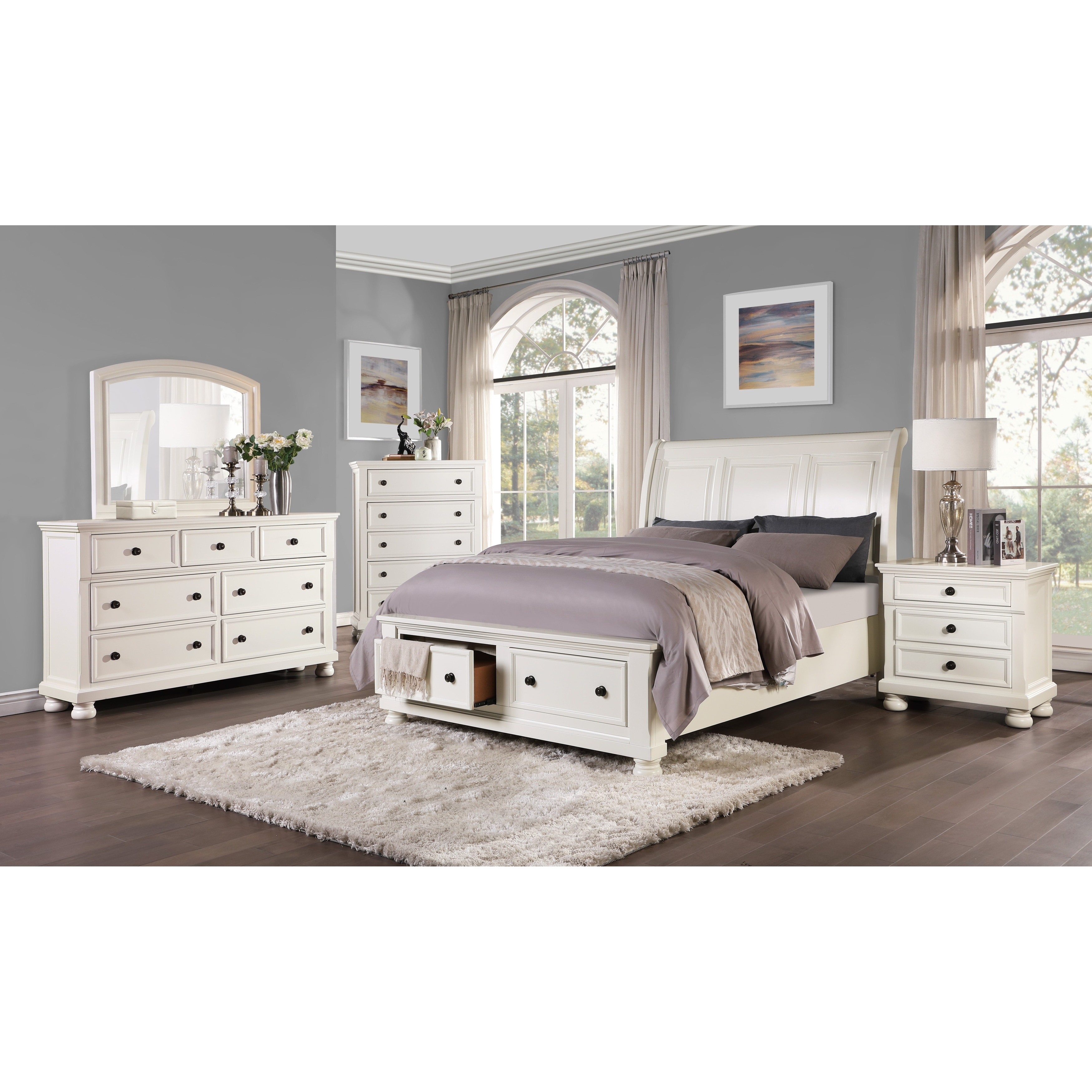 Classic White Finish Bedroom Furniture Set Platform Bed with Drawers