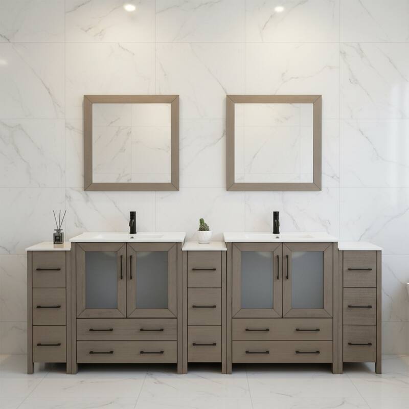Vanity Art 96" Double Sink Bathroom Vanity Set 13 Dove-Tailed Drawers 5 Cabinets 2 Shelves, Soft-Closing Doors with Free Mirror - Driftwood Gray