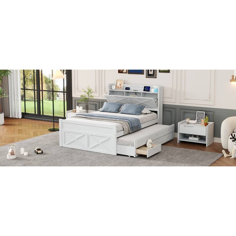 Full Size Wooden Storage Bed with Headboard Outlets, Extendable Trundle and Three Drawers, White