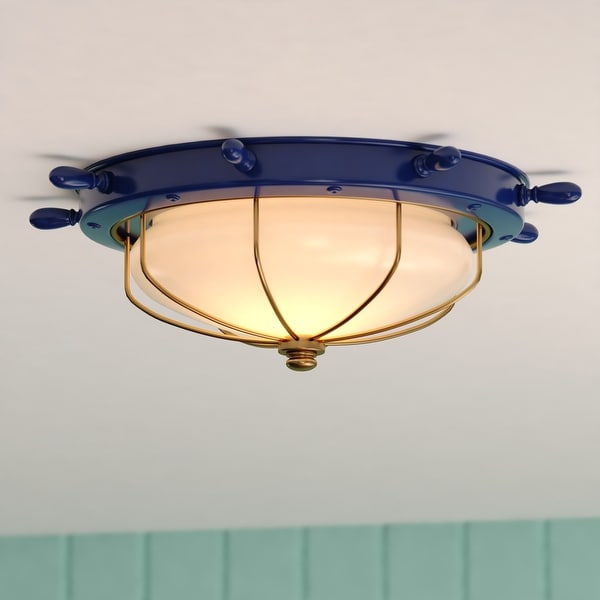 Orleans Blue Gold Coastal Ship Wheel Indoor Outdoor Ceiling Light White Glass 15 in W x 5 in H x 15 in D On Sale Bed Bath Beyond 20906854