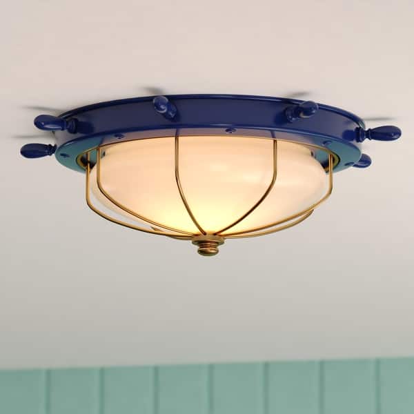 slide 2 of 10, Orleans Coastal Ship Wheel Indoor Outdoor Ceiling Light White Glass - 15-in W x 5-in H x 15-in D Navy Blue and Matte Gold - 15-in W x 5-in H x 15-in D