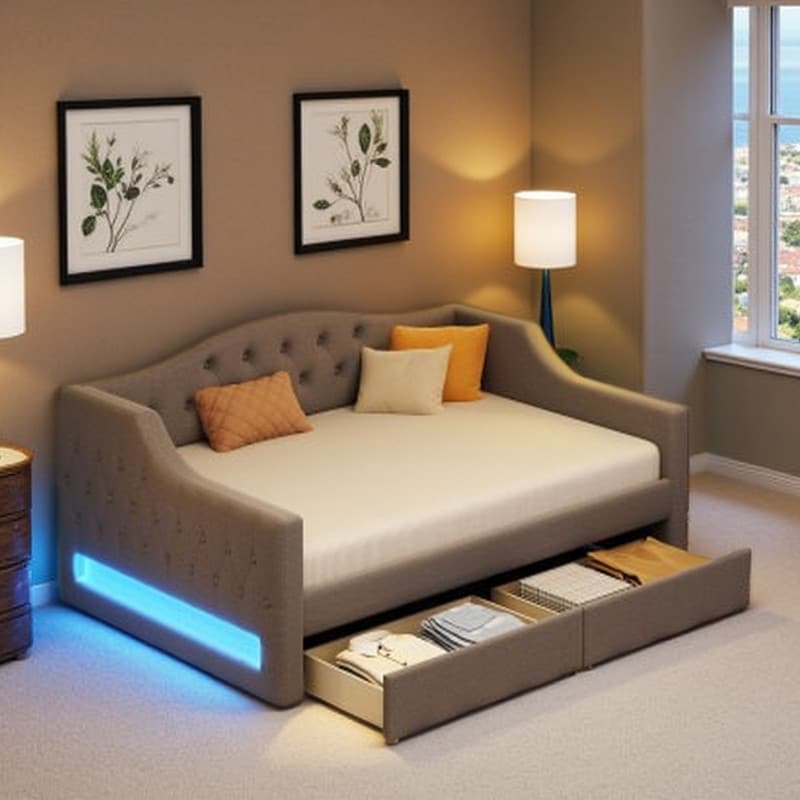 Twin XL Upholstered Daybed with Linen Fabric, LED Lighting, 2 Under-Bed Drawers, Wood Slat Frame & No Box Spring Required