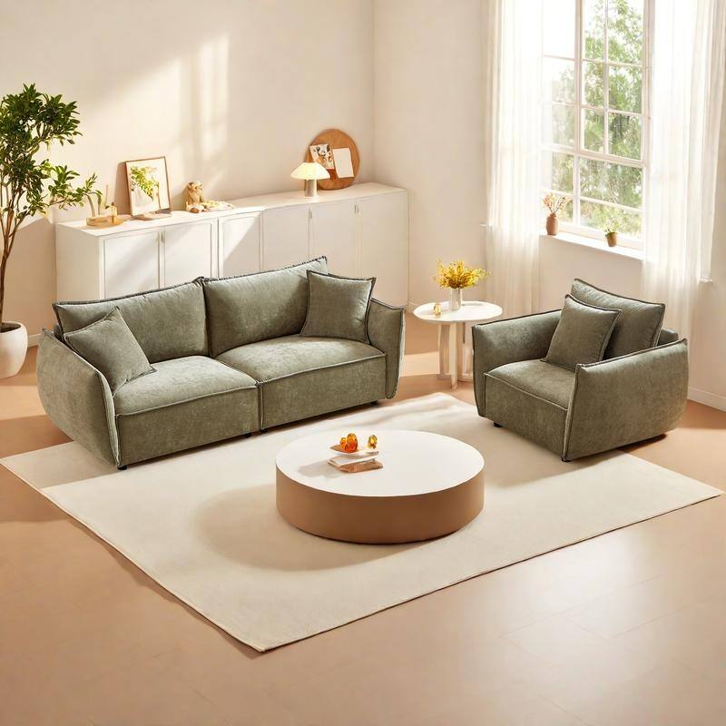 2-Pieces Linen Fabric 4-Seat Modular Sofa Set with 3+1 Seater Combo and Wooden Frame & 3 Pillows - Light Green