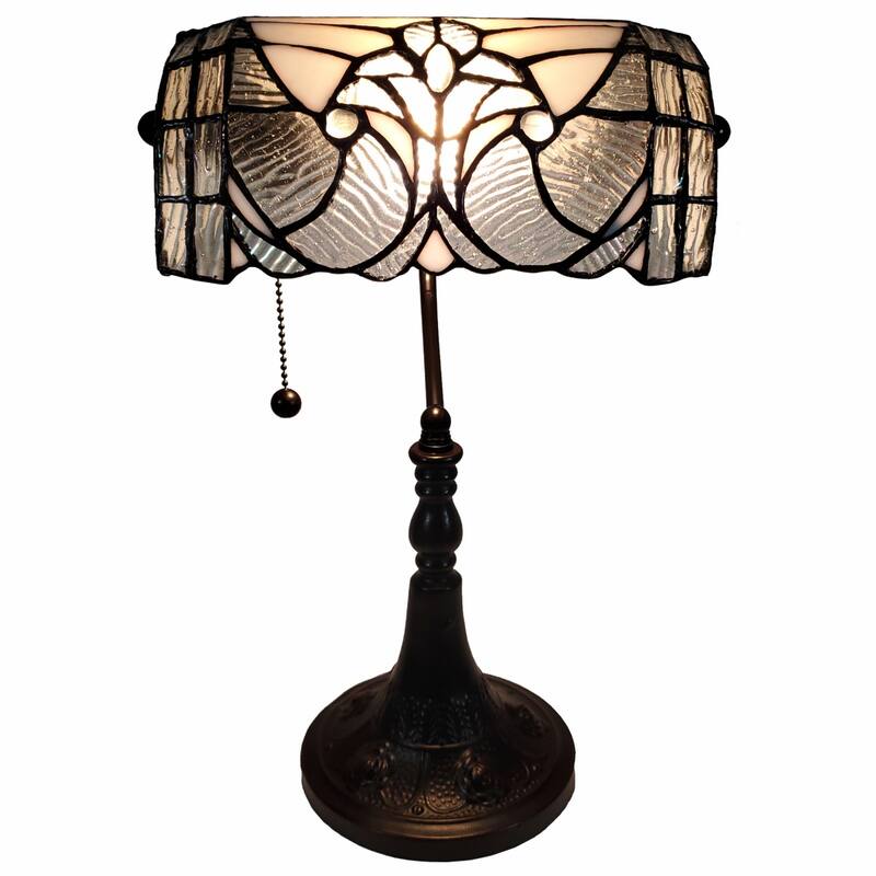 Dark Brown Resin Table Lamp with White Silver-Stained Glass Shade - 11” x 13” x 16” (D x W x H)