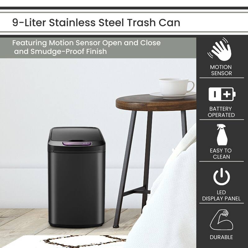 Hanover 9-Liter / 2.3-Gallon Trash Can with Sensor Lid in Black