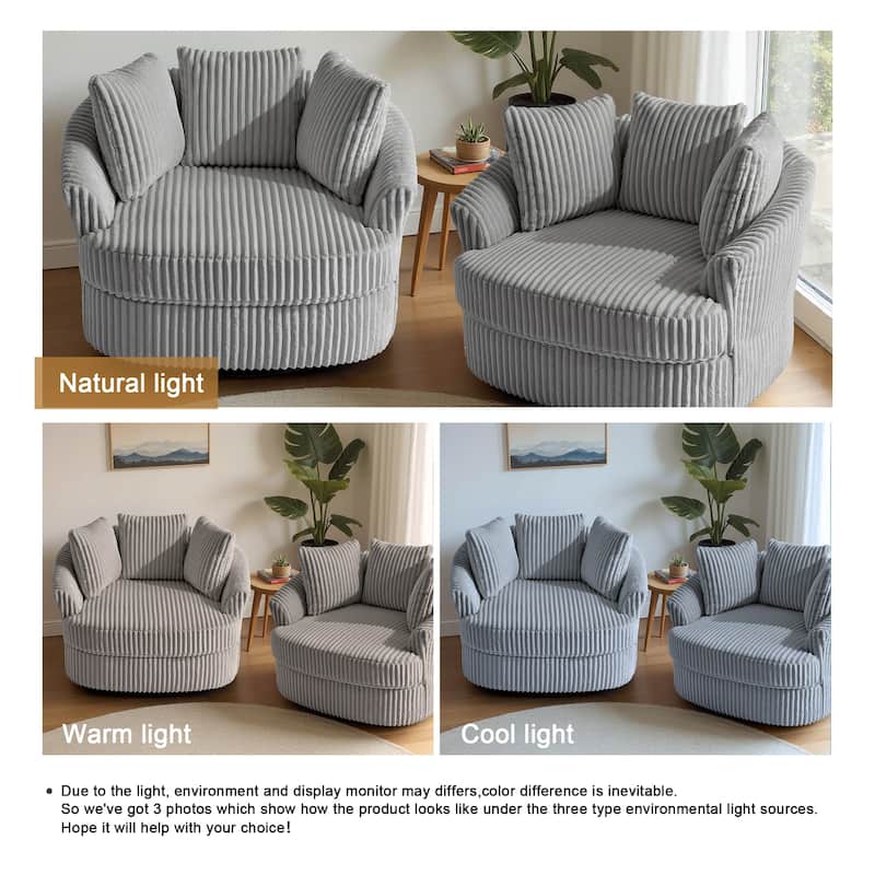 2 Set Oversized 43" W Plush Corduroy Swivel Barrel Chair with Pillows