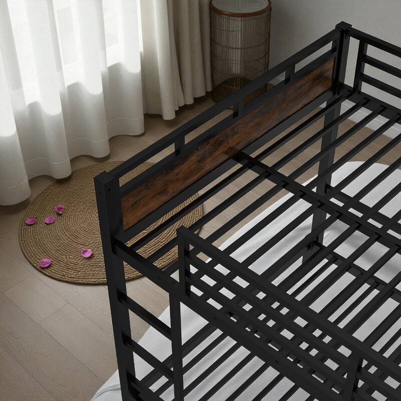 Queen over Queen Metal Bunk Bed Frame with Guardrails, Convertible Loft and Platform Beds, Noise-Free Design