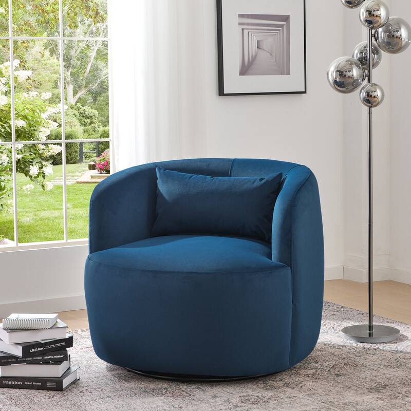KINWELL 34" Wide Velvet Upholstered Swivel Accent Chair with Toss Pillow - Set of 1 - Navy Velvet