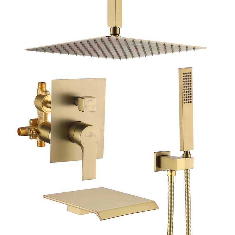 3-Function Ceiling Mount Shower Faucet with 10 in. Fixed Shower Head - 12" - Brushed Gold