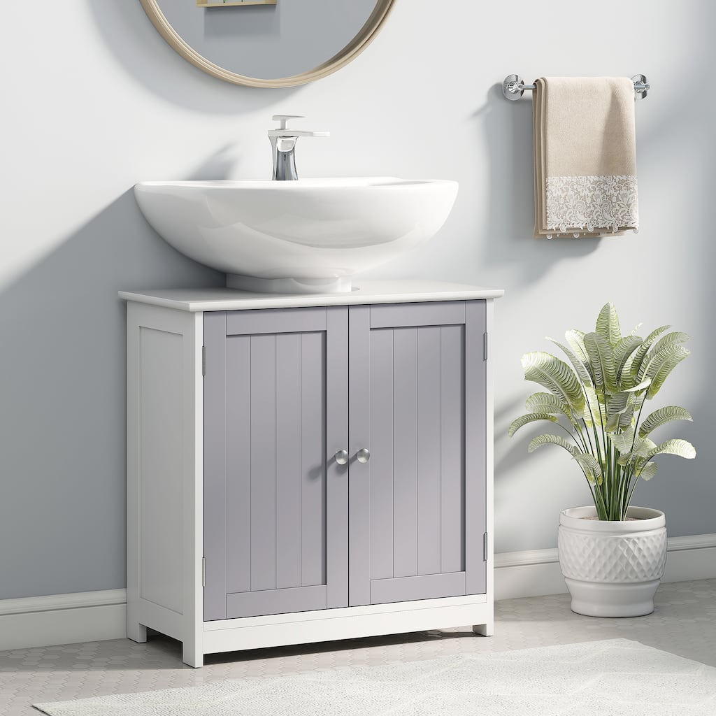 kleankin Vanity Base Cabinet, Under-Sink Bathroom Cabinet Storage with U-Shape Cut-Out, White and Grey