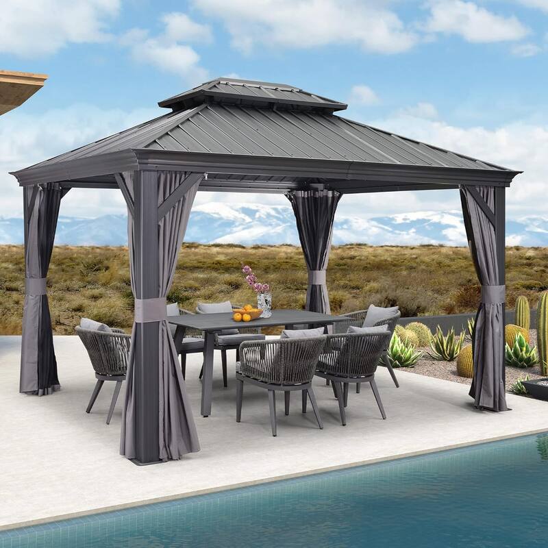 PURPLE LEAF 10x12 Outdoor Galvanized Steel Hardtop Gazebo, Aluminum Frame Gazebo With Curtains
