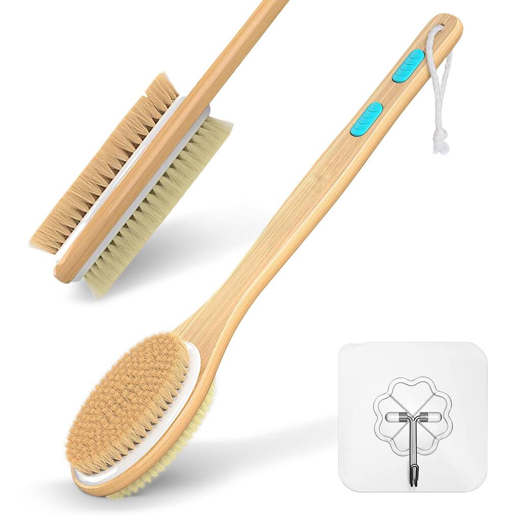 Cheer Collection Dual Sided Shower Brush Long Handle Lotus Wood 17.1 Inch Body Brush with Soft and Firm Bristles