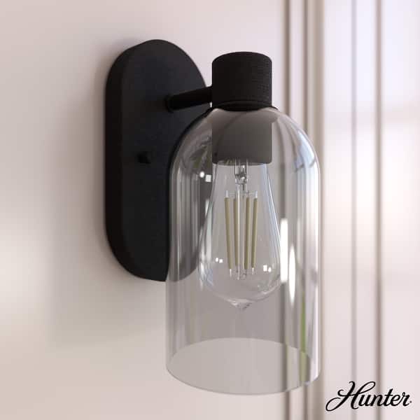 slide 2 of 20, Hunter Lochemeade 1 Light Wall Sconce, Damp Rated - Bathroom, Hallway, Bedroom - Modern Farmhouse, Contemporary, Industrial Natural Iron-Smoked Glass