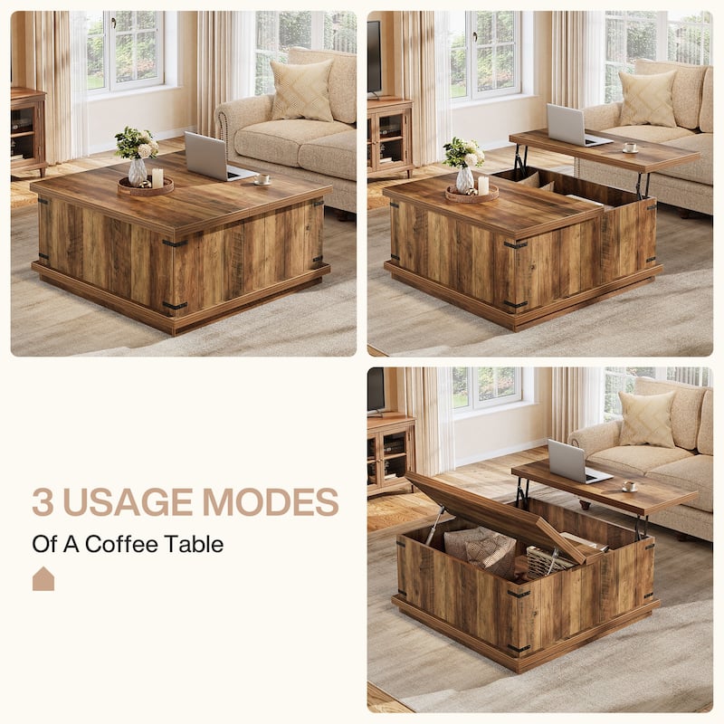 Farmhouse Lift Top Square Coffee Table with Storage - 33.46"D x 33.46"W x 19.7"H
