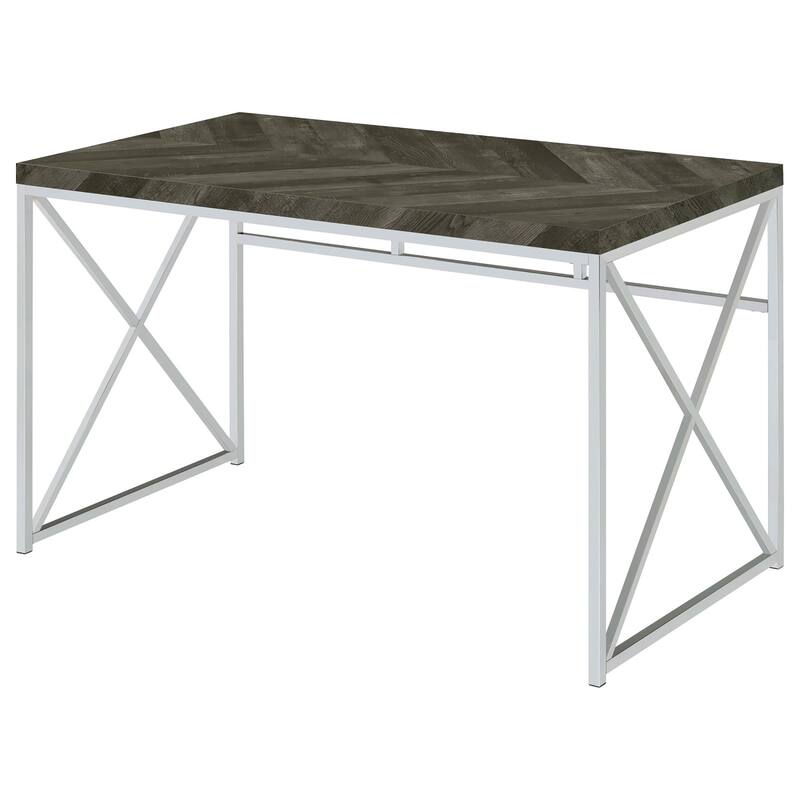 Modern Writing Desk with Chrome X-Shaped Metal Base and Rustic Grey Herringbone Finish for Office or Living Room