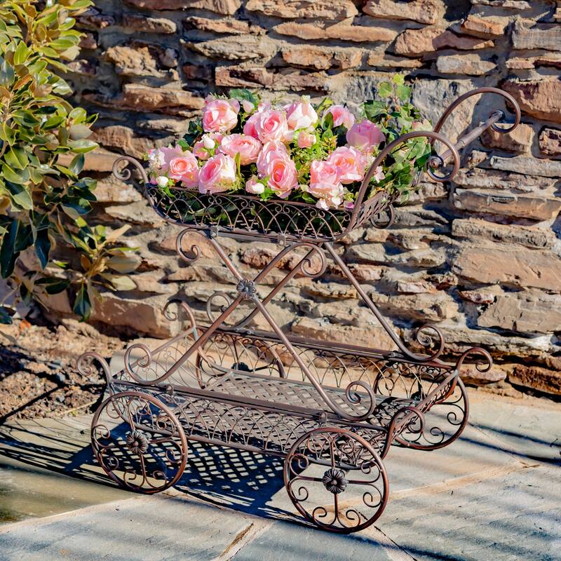 Two Tier Iron Flower Push Cart in Antique Bronze "Odesa 1794" - 21.65x33.85x36.61