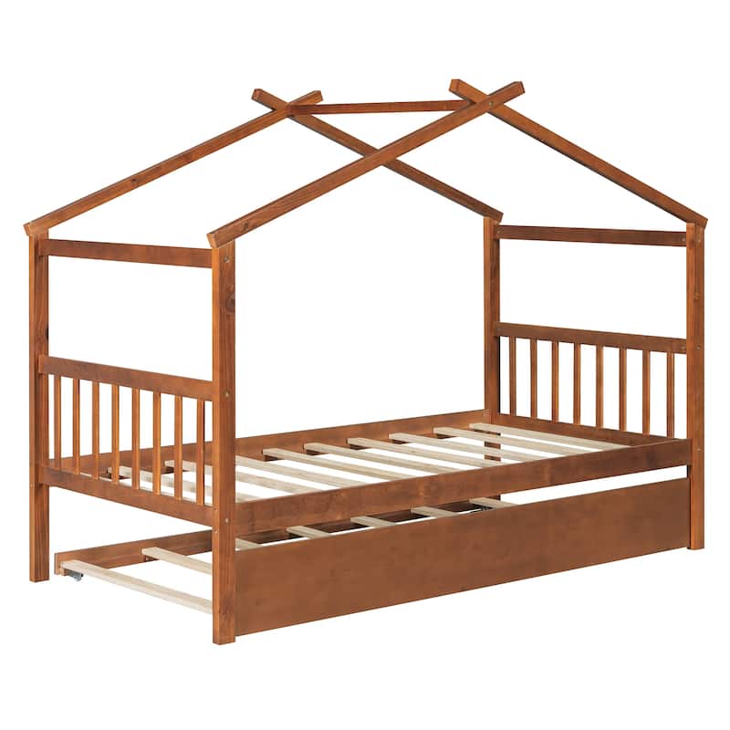Kids Roof Platform Bed with Trundle, Twin Size House Bed Wooden Daybed Frame with Headboard and Bedtailboard for Boys, Girls
