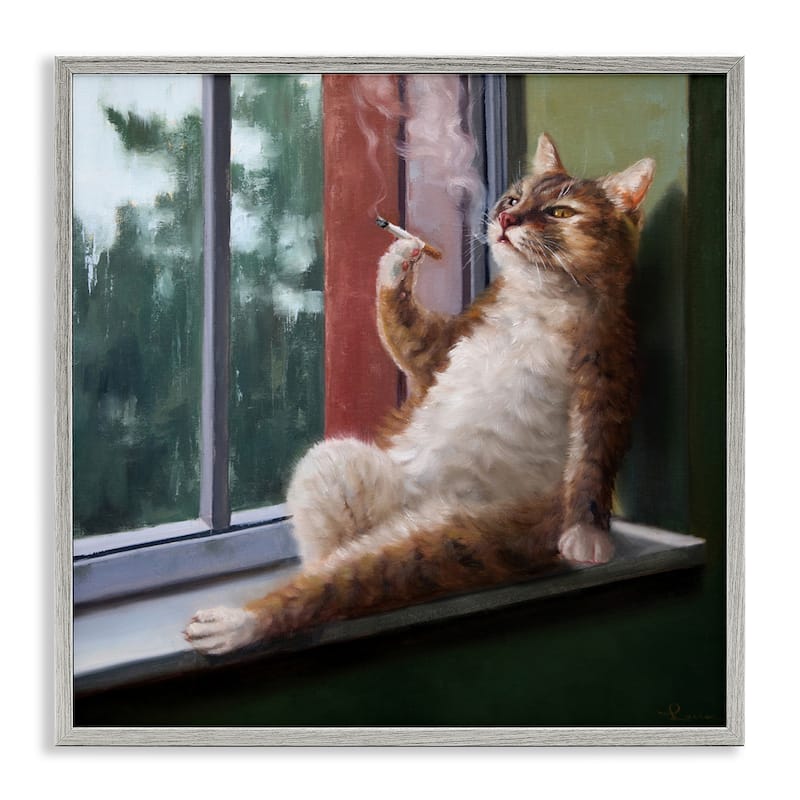 Stupell House Cat Smoking Lounging in Window Pane Framed Wall Art - 17 x 17 - Grey