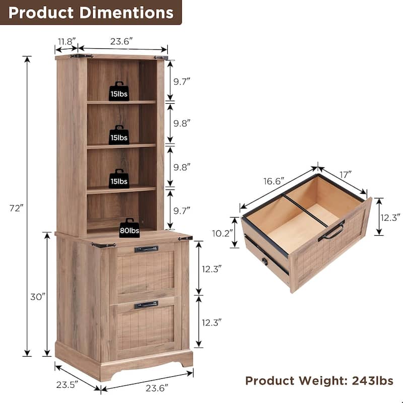 72" Tall Farmhouse Bookcase, Rustic Wood Bookshlef for Home Office