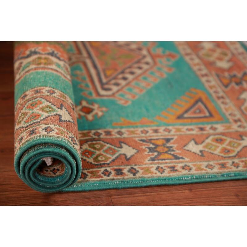 Turquoise Green Kazak Foyer Rug Hand-Knotted Wool Carpet - 2'9"x 4'2"