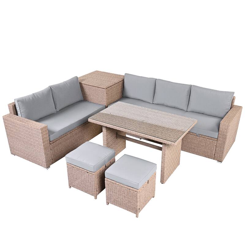 6-Piece All-Weather Outdoor PE Rattan Sofa Set - Patio Wicker Sectional with Storage Box, Removable Covers & Table