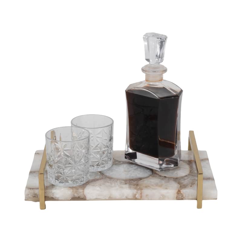 Rectangle Agate Tray with Metal Handles -Home Decor - 14", Ivory & Tan - 14.0"