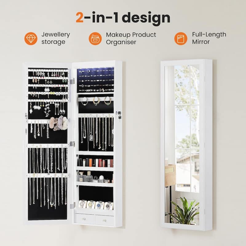White Wood Wall or Door Mounted 14 in. W Lockable Jewelry Armoire with Full Length Mirror
