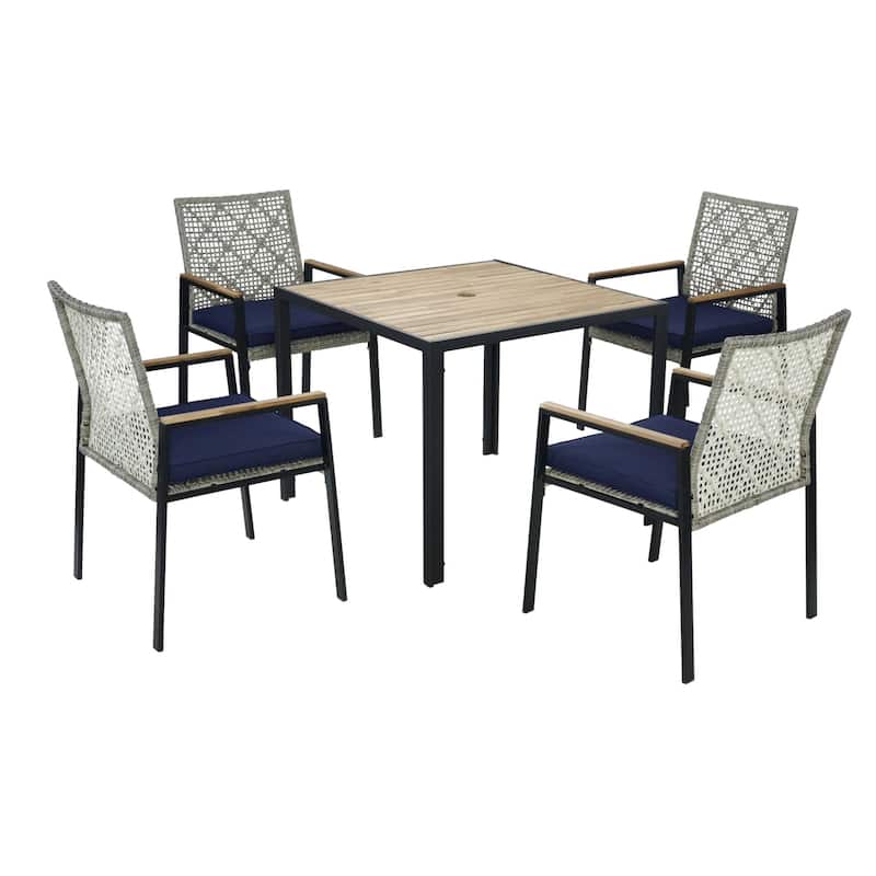 Modern 5-Piece Outdoor Patio Dining Set Acacia Wood Table and PE Rattan Chairs for Garden Furniture - Light-Grey