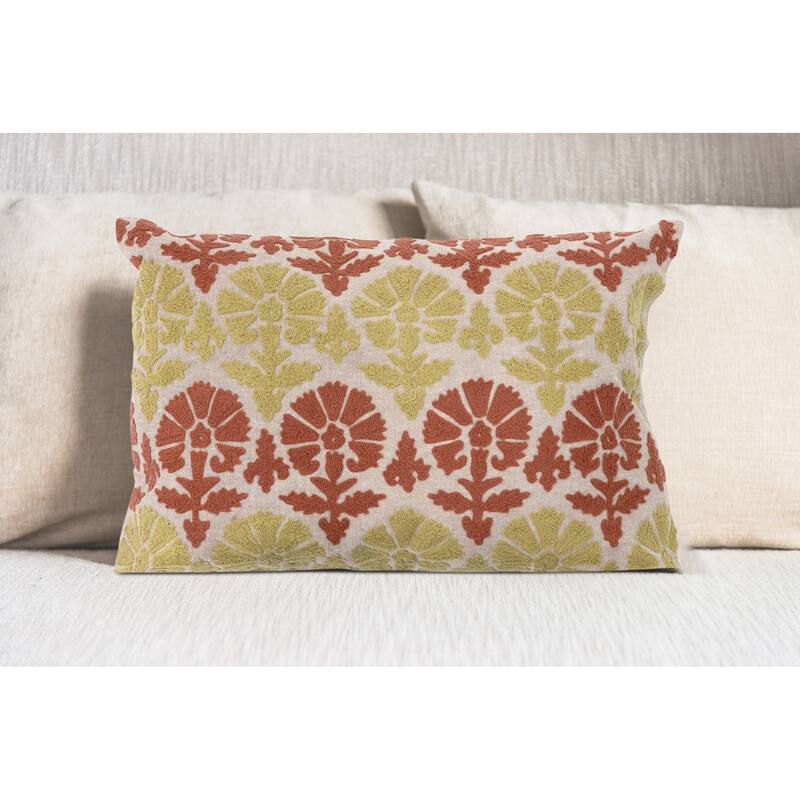 Cotton Embroidered Chambray Lumbar Pillow with Pattern