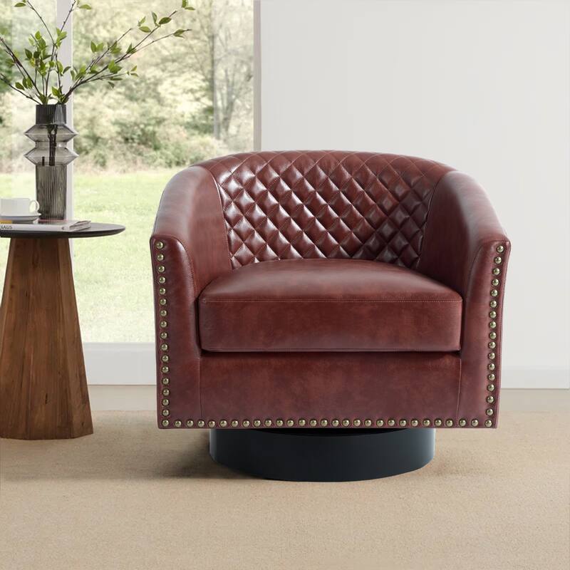 Modern Armchair Faux Leather Nailhead Trim Swivel Accent Chair
