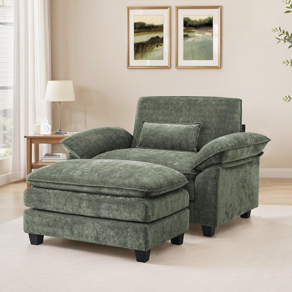 52" W Chaise Lounge Chair Indoor, Oversized Accent Chair With Ottoman For Living Room, Chenille Single Sofa Bed, Reading Chairs