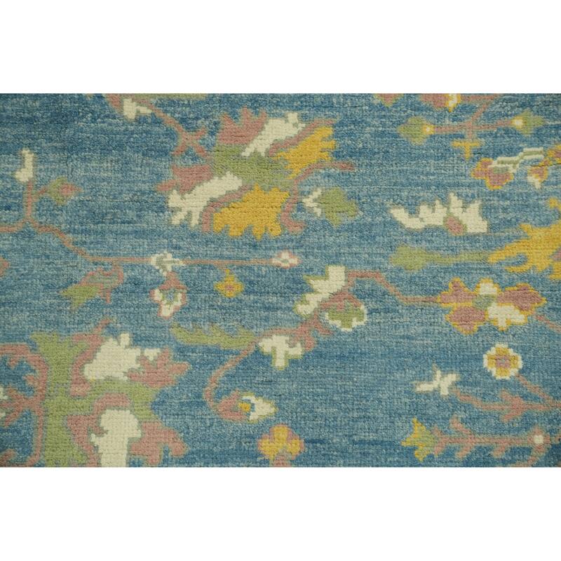 Floral Blue Oushak Vegetable Dye Area Rug, Floral Geometric Carpet - 9' 10'' X 8' 3''