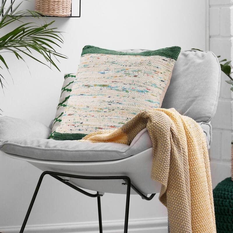 Hand Woven Abstract Square Throw Pillow - 20" - Forest Green and White
