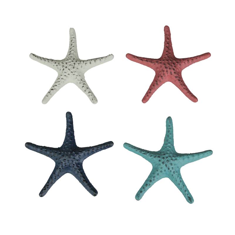 6.5 Inch Coastal Cast Iron Starfish Shelf/ Table Sculptures (Set Of 4) - 1 X 6.5 X 6.25 inches