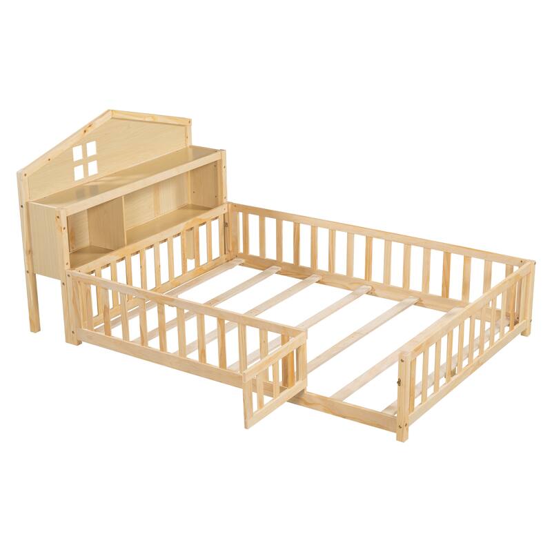 Full Size Plywood Montessori Floor Bed with Bookcases, Blackboards, Guard rails, Solid Wood Floor Beds and Storage Headboards