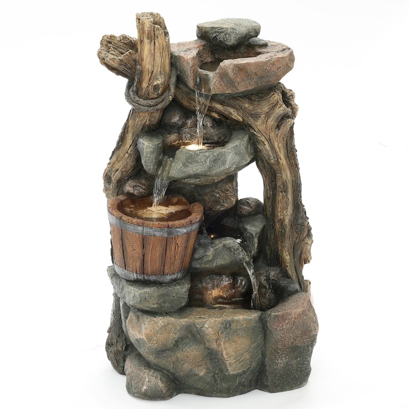 Resin Stacked Rock Wall and Barrel Outdoor Fountain with LED Lights