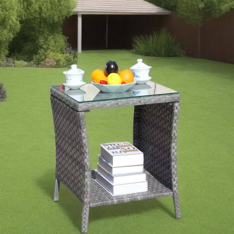 Anmytek Gray Rattan Side Table with Tempered Glass Top Indoor Outdoor Wicker Patio Table Double Tier Storage - 19.25*19.25