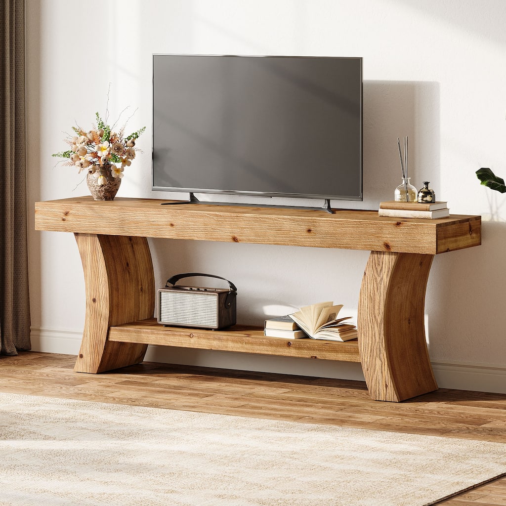 63" Solid Wood TV Stand Low Storage Entertainment Center for Living Room - Brown