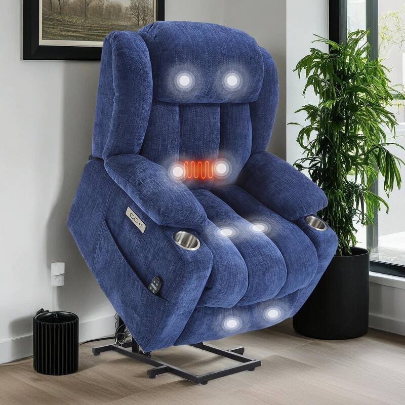 Chenille Power Lift Recliner Chair with Massage and Lumbar Heating, Dual Cup Holders - Blue