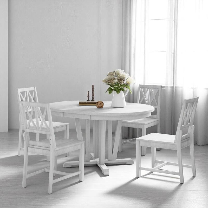 5-Piece Round Dining Set with Extendable Trestle Table and Cross Back Chairs, Rustic Farmhouse Style