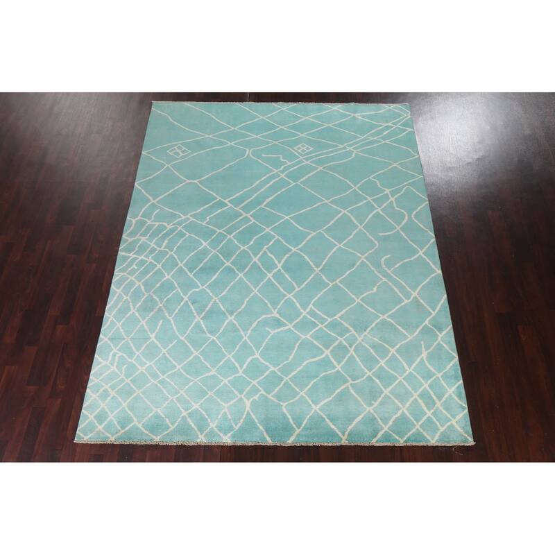 Modern Turquoise Moroccan Vegetable Dye Area Rug Handmade Wool Carpet - 7'9" x 9'10"