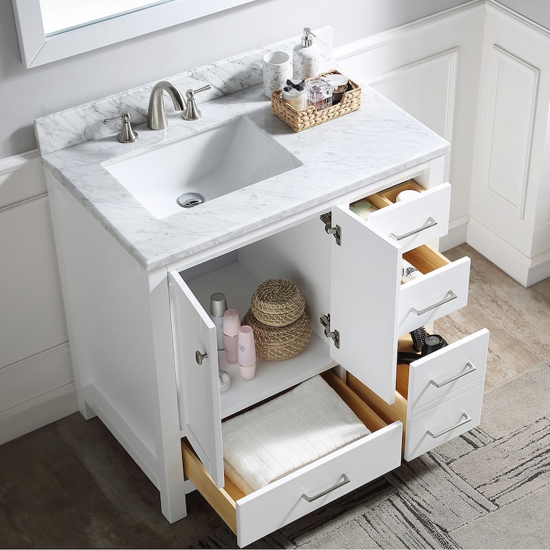 Prismatica 36 in. White Vanity with Countertop & Splash, Left Sink