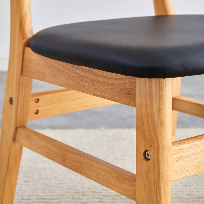 Natural Wood Color Rubberwood Dining Chair Set - 2 Pieces, Solid Wood And Rattan-Style Design,Small Curved Back,Pu Cushion
