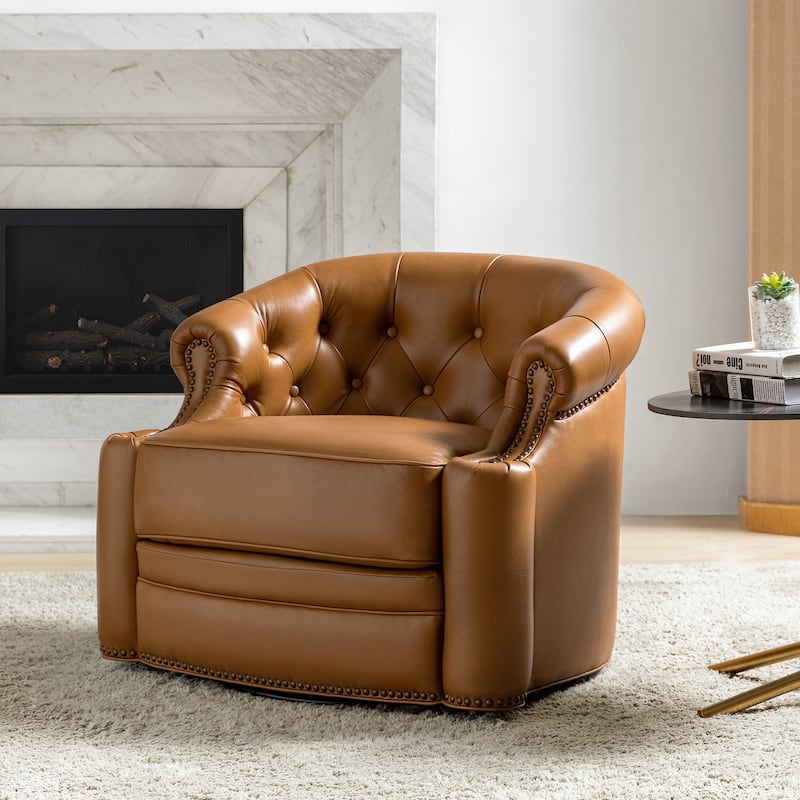 Felipe Modern Genuine Leather Swivel Chair With Tufted Back By HULALA HOME - Camel
